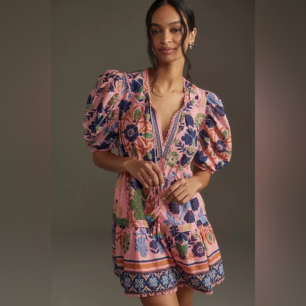 Farm Rio Seashell Tapestry Short-Sleeve Mini Dress Pink